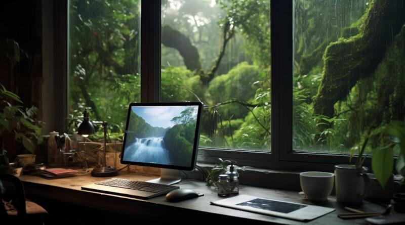 Clean computer running open source software sitting on a desk overlooking a rainy garden